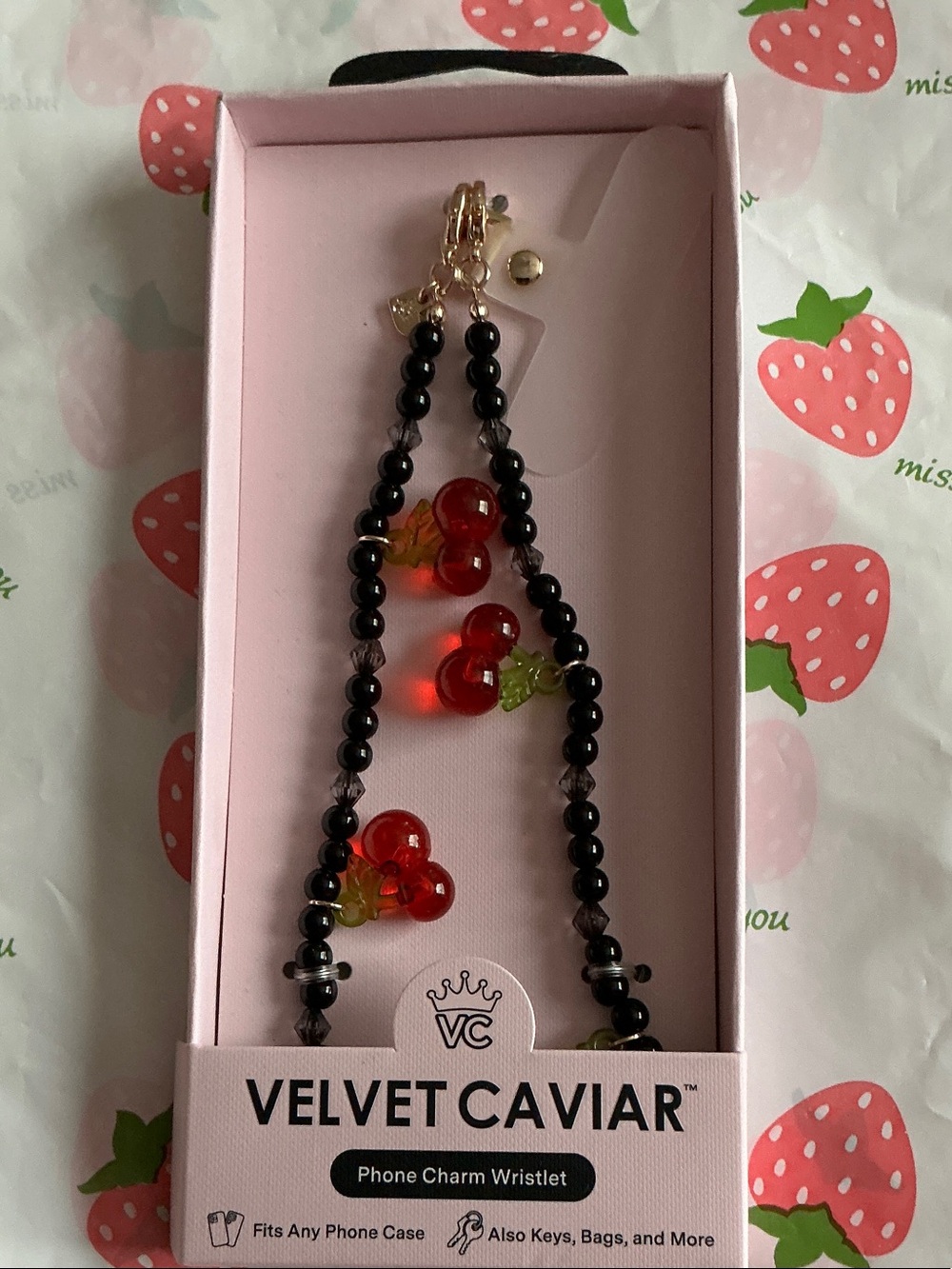 Velvet Caviar Black Beaded Wristlet with Red Cherry Charms